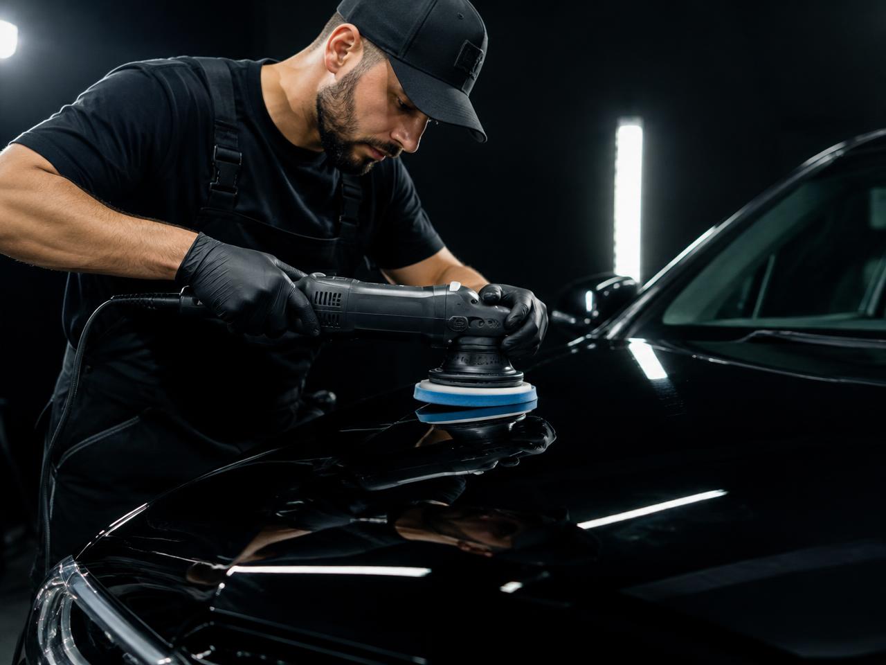 Profissional polindo a pintura de um carro